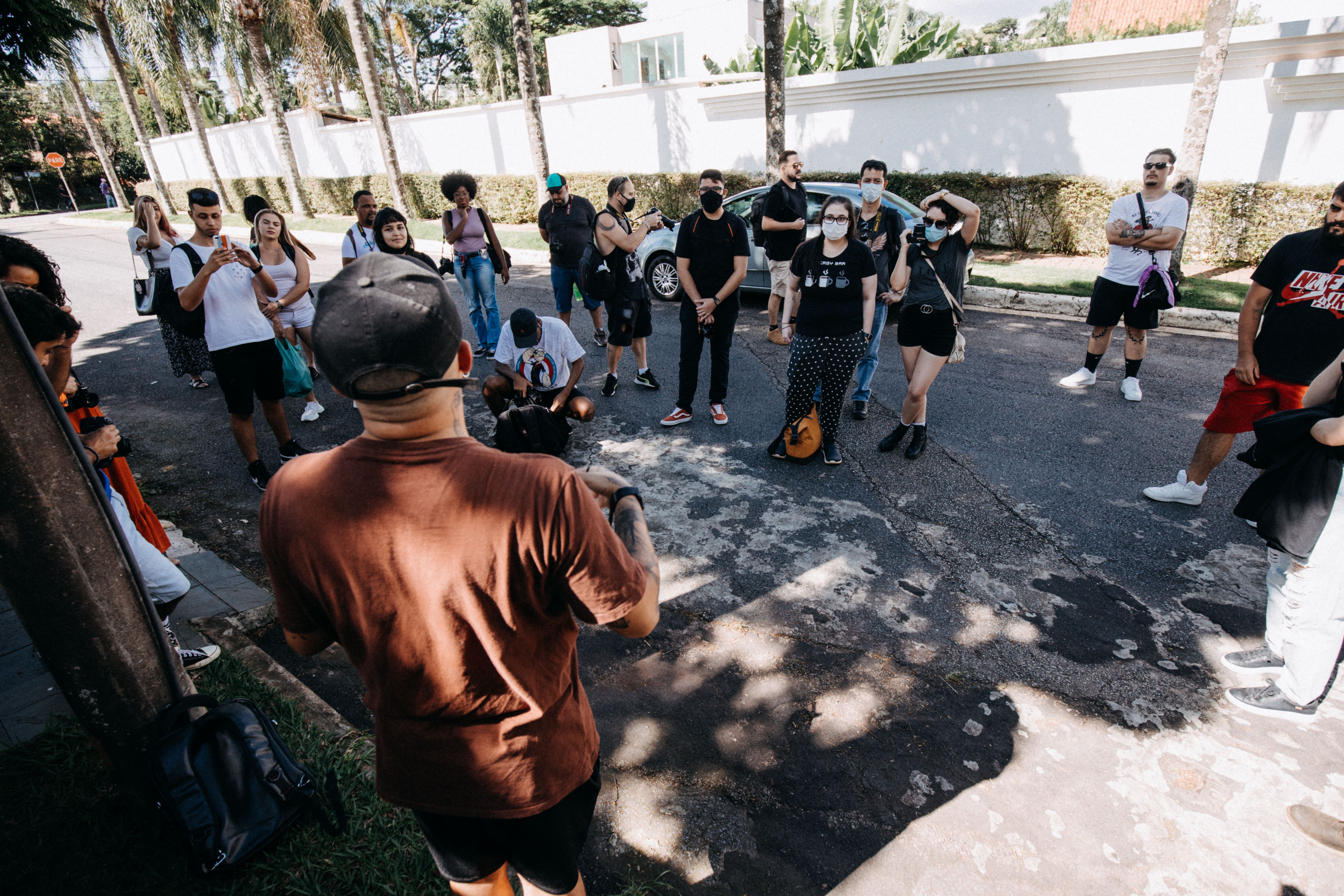 Diverse group of travelers on a guided urban walking tour